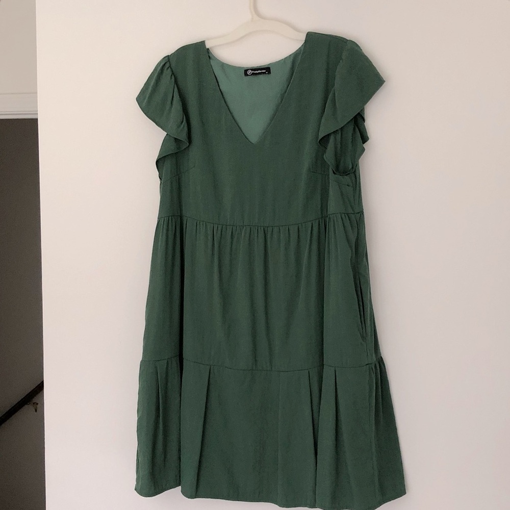 M Green Cotton Dress Pockets Flowy Ruffle Lined Midi Spring - Picture 2 of 10
